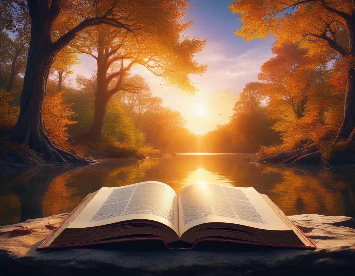 A mystical landscape transitioning from dark shadows to bright light, symbolizing a journey of spiritual awakening, with an open book in the center radiating golden light and ethereal scripts floating around. Encompassed by trees with glowing leaves and a serene river reflecting the light. The sky transitions from deep blue to vibrant sunrise hues. enchanting, surreal art style. vibrant colors. 3D.