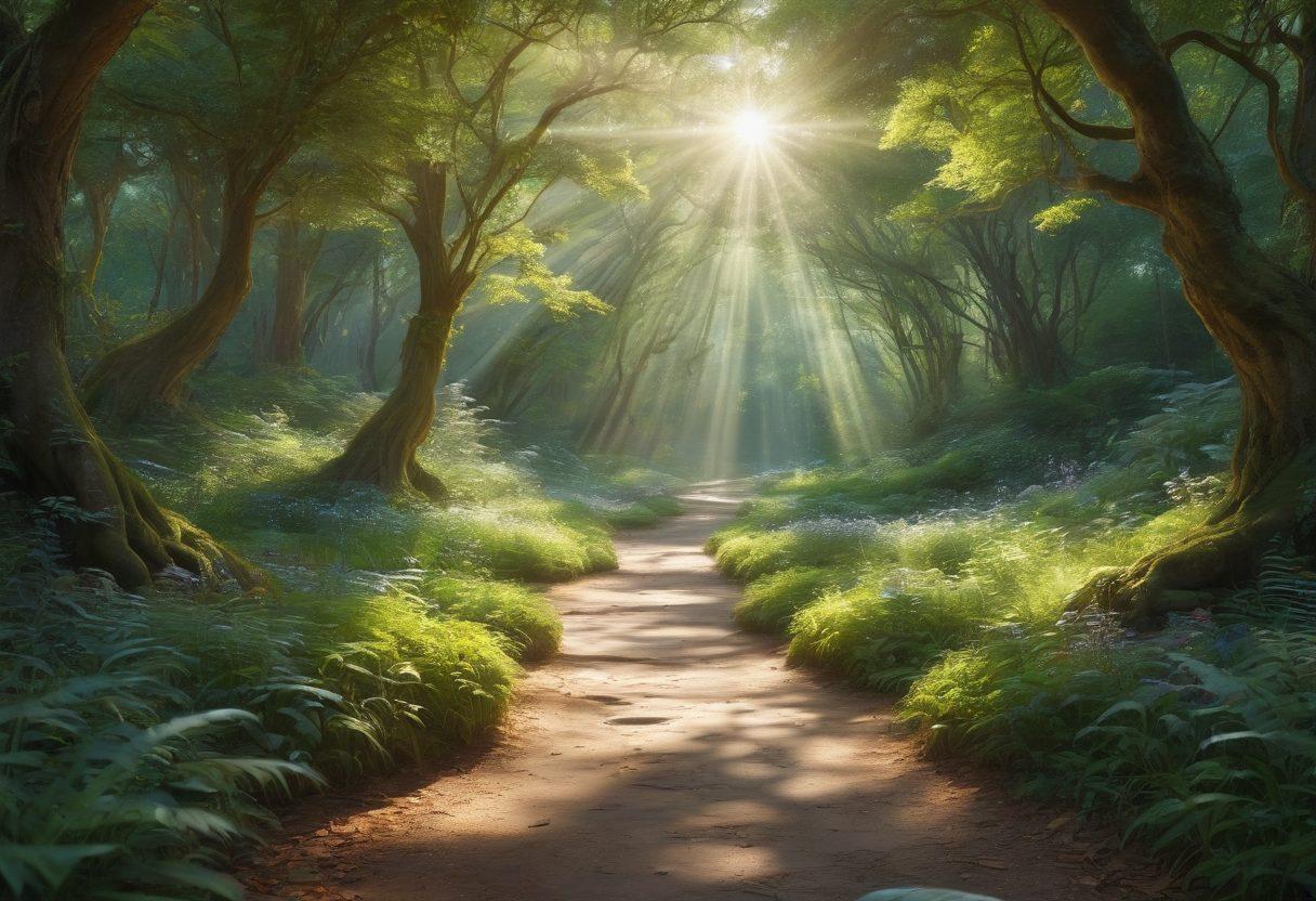 A mystical landscape shrouded in soft, swirling shadows with a serene path leading through a lush forest, delicate rays of sunlight filtering through the trees. A contemplative figure sits cross-legged on the path, surrounded by glowing orbs that symbolize spiritual insights, with a journal and pen beside them. Ethereal colors create an atmosphere of peace and introspection. super-realistic. vibrant colors. engaging mood.