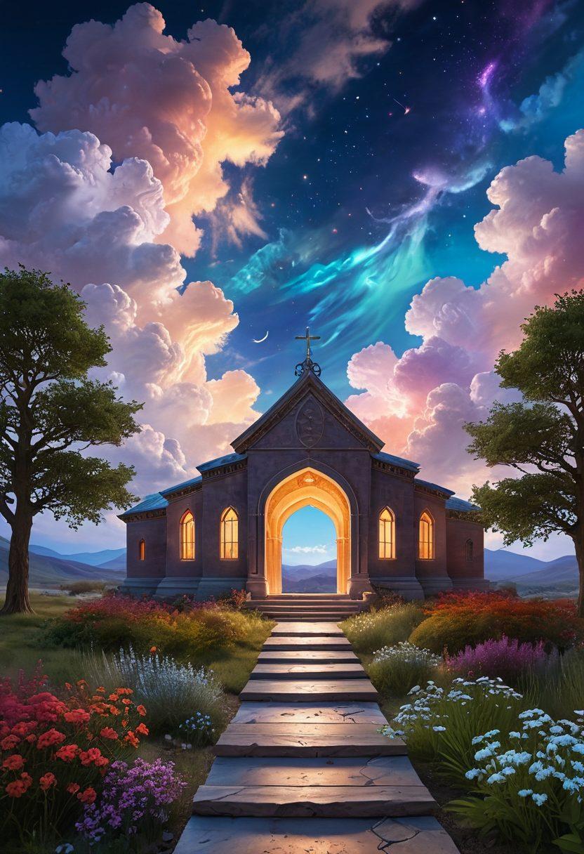 A serene digital landscape depicting a winding path leading to a glowing altar, symbolizing personal reflection and faith. Along the path, diverse figures engage with their online journals, illustrating devotion through technology. Soft ethereal light illuminates the scene, with symbols of different faiths subtly integrated into the environment, representing inclusivity. The sky is filled with digital clouds, hinting at the vastness of online connection. whimsical digital art. vibrant colors.